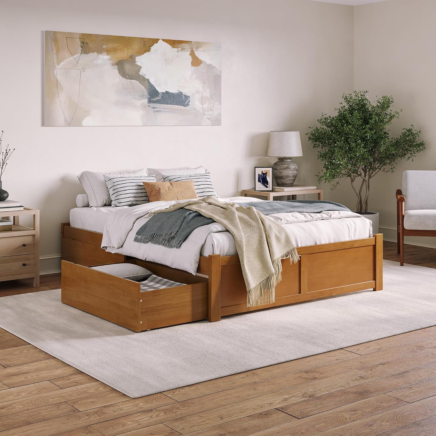 AFI Concord Queen Solid Wood Platform Bed with Footboard & Storage Drawers in Light Toffee