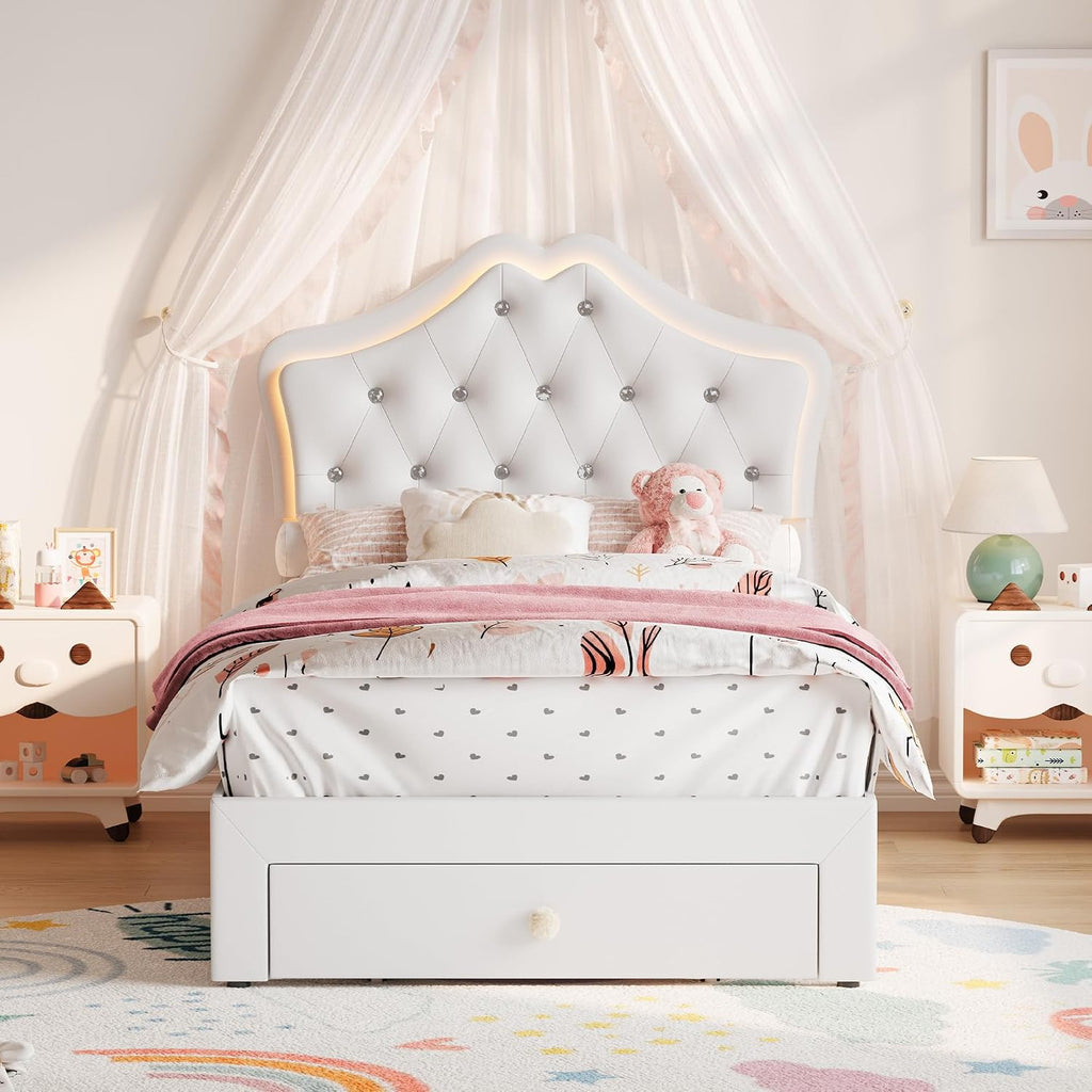 Garvee Twin Size Bed Frame with LED Lights & Velvet Crystal Button Headboard, Upholstered Boy/Girl Platform Bed with Storage Drawer, Noise Free, No Box Spring Needed for Kids, Teens, Beige