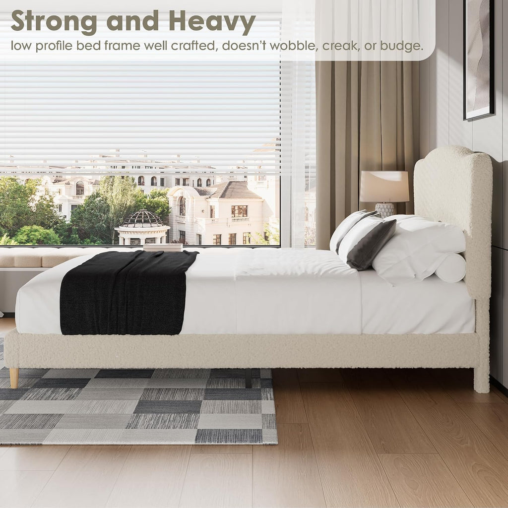 GarveeHome Queen Size Bed Frame with Upholstered Headboard, Soft Low Profile Sturdy Platform Bed with Rounded Corners Design, Heavy Duty, Wooden Slats, Noise Free, No Box Spring Needed, Beige
