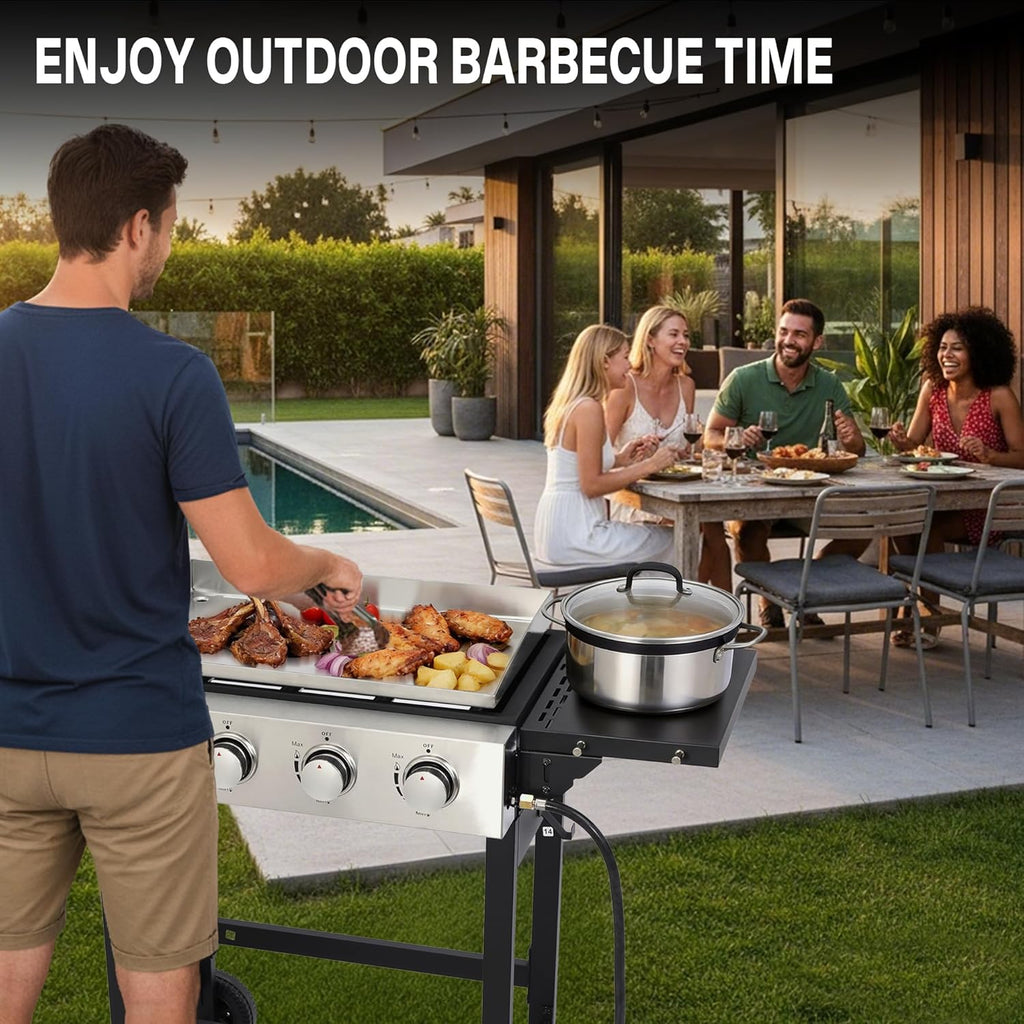 4-Burner Flat Top Grill with Folding Side Tables, Outdoor Griddle Grill with Storage Cover, 40,000 BTU Flat Grill with Stainless Steel Cooking Surface for BBQ, Camping, Tailgating