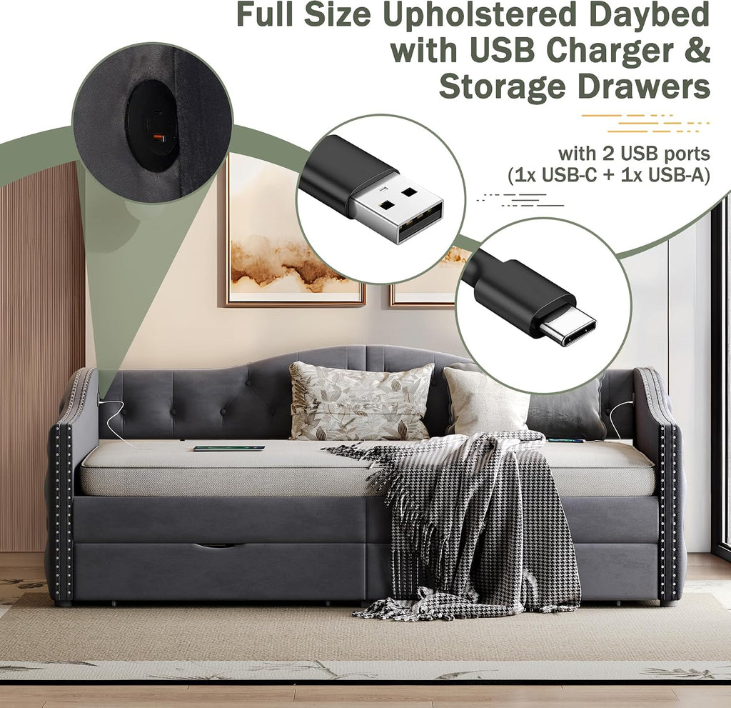 Full Size Daybed with Storage Drawers, Upholstered Daybed with 2 USB Ports, Sturdy Wood Frame,Day Bed for Bedroom