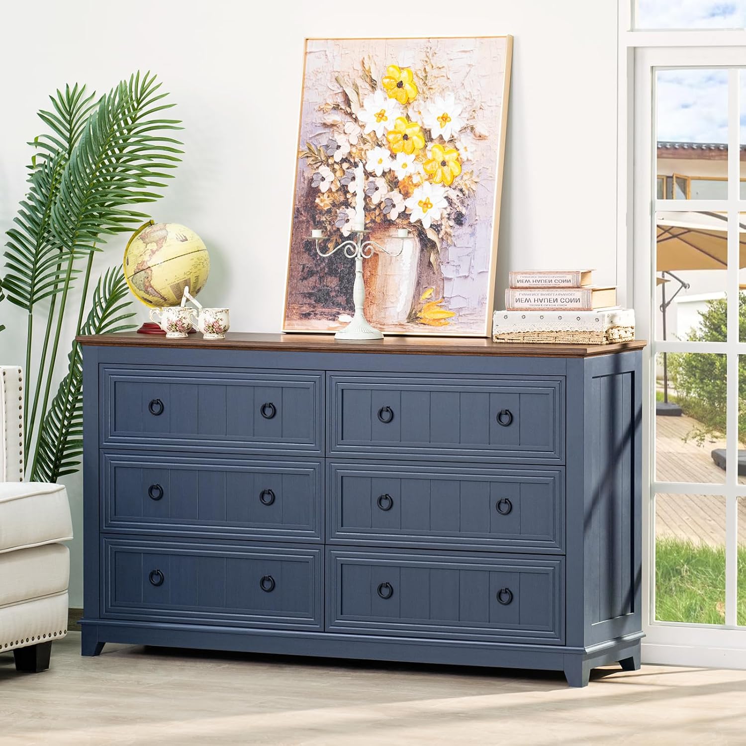 Joaxswe Farmhouse Furniture Set, Nightstands Set of 2 and 6 Drawers Dresser for Bedroom, 54 Inch Wide Wood Dresser and 18' Night Stands with Charging Station for Bedroom, Living Room, Hallway