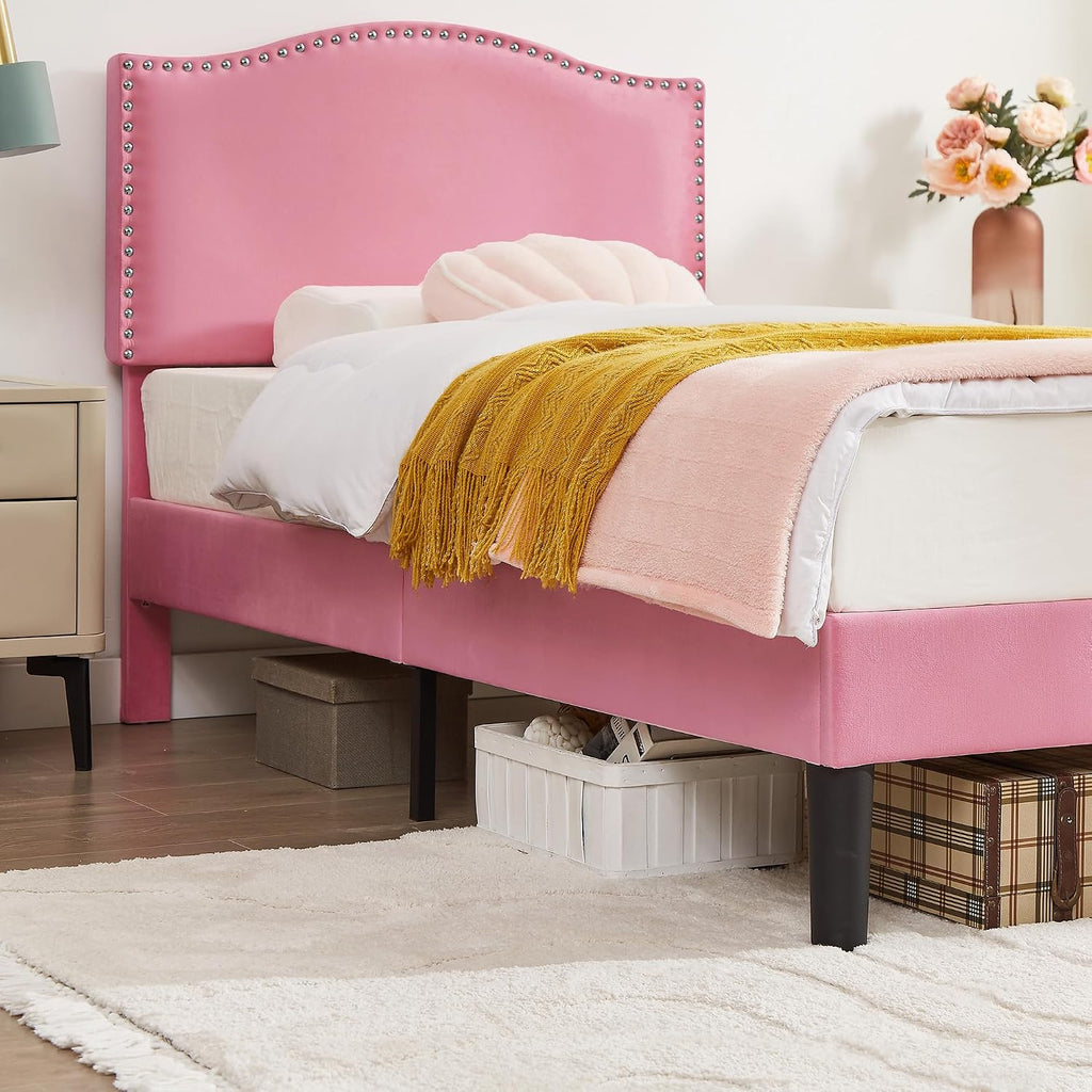 VECELO Twin Bed Frame, Platform Bed Frame with Adjustable Height Upholstered Headboard, Heavy-Duty Frame and Strong Wooden Slats Support, Non-Slip and Noise-Free, Easy Assembly, Pink