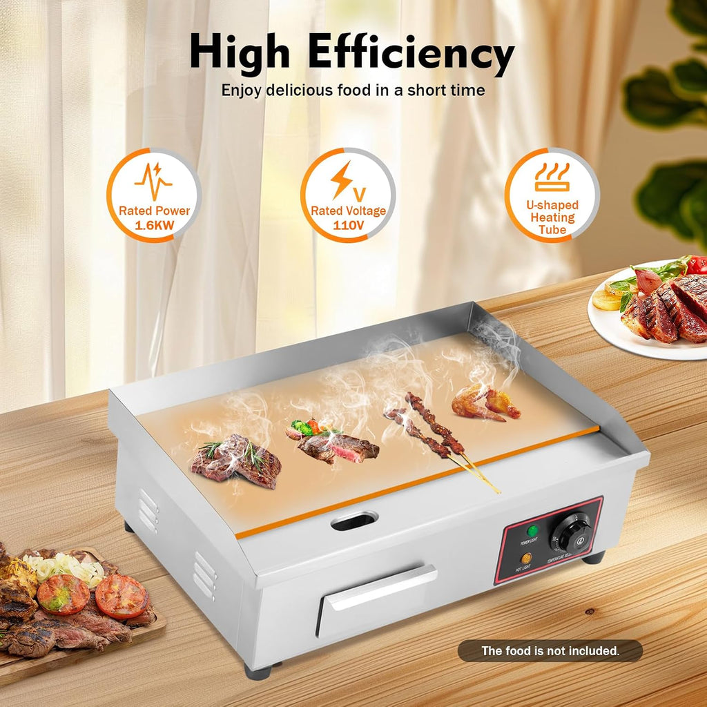 110V 3000W 22' Commercial Electric Countertop Griddle, Portable Flat Top Grill Hot Plate, Adjustable Thermostatic Control, Stainless Steel Restaurant Grill for Kitchen