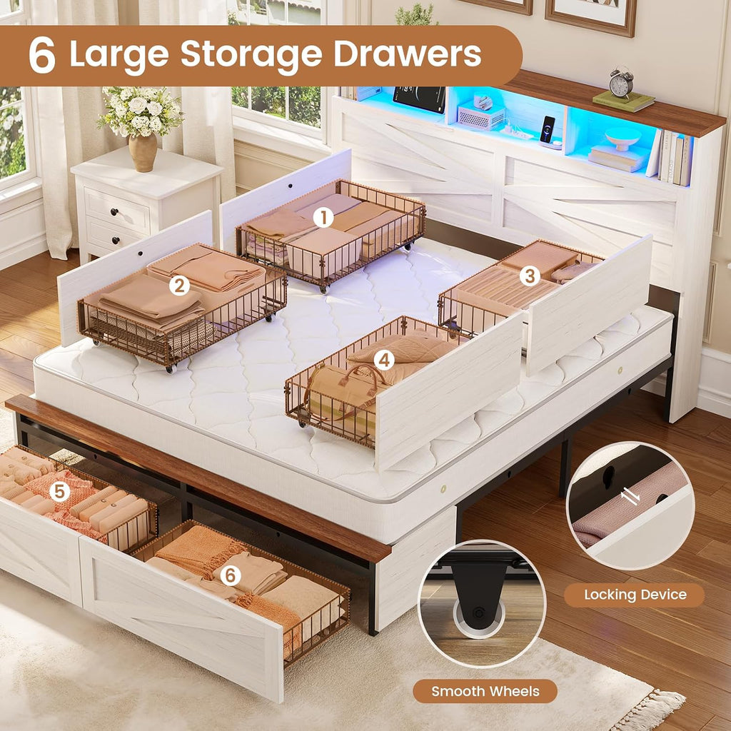 VIAGDO Full Size Bed Frame with 6 Drawers, Farmhouse Bed Frame with Barn Door Headboard and Storage, Wood Platform Bed Frame Full Size with Charging Station and LED Lights, No Box Spring Needed, White
