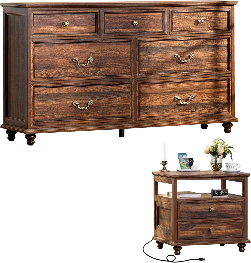 Joaxswe Farmhouse Dresser and Nightstand Sets, Wood 54' Wide Dresser & 24' Night Stand with Charging Station, 2 Piece Bedroom Furniture Set, Chest of Drawers for Bedroom, Home, Living Room, Hallway
