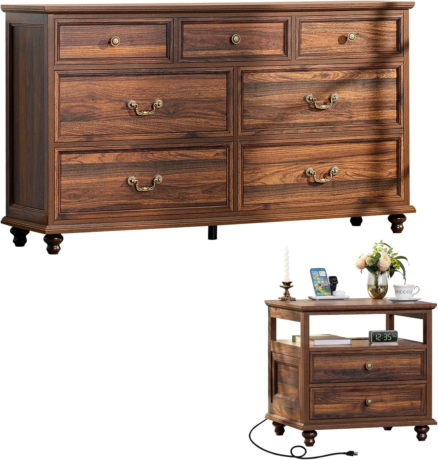 Joaxswe Farmhouse Dresser and Nightstand Sets, Wood 54' Wide Dresser & 24' Night Stand with Charging Station, 2 Piece Bedroom Furniture Set, Chest of Drawers for Bedroom, Home, Living Room, Hallway