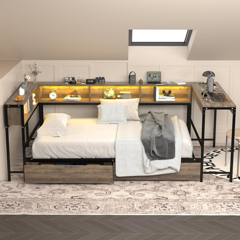 Twin Corner Bed Frame with Storage Drawers and Bookcase Headboard, Twin Size Metal Platform Corner Bed Frame w/Charging Station and LED Lights, Twin Daybed w/Desk for Teens Guests (Black Grey, Twin)
