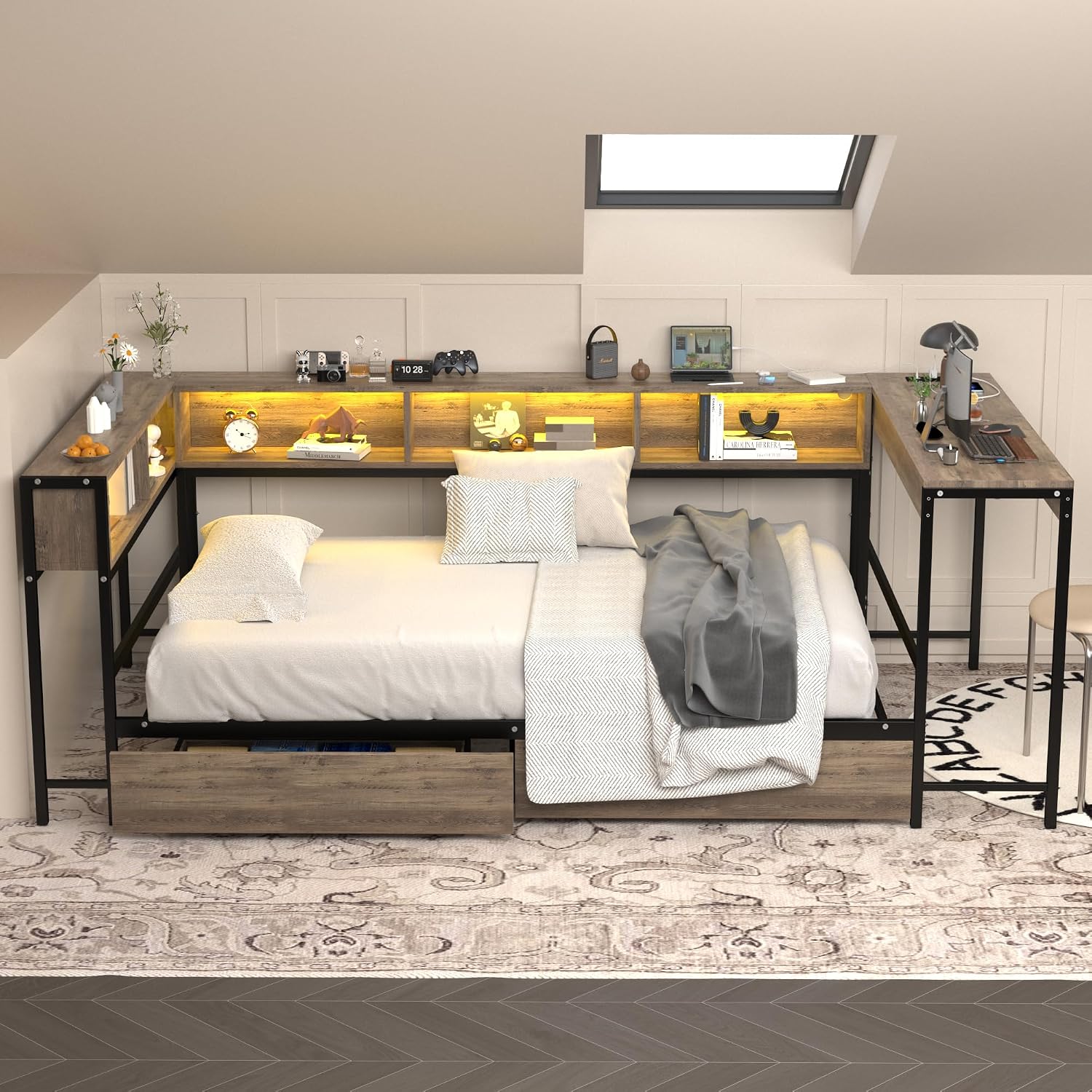 Twin Corner Bed Frame with Storage Drawers and Bookcase Headboard, Twin Size Metal Platform Corner Bed Frame w/Charging Station and LED Lights, Twin Daybed w/Desk for Teens Guests (Black Grey, Twin)