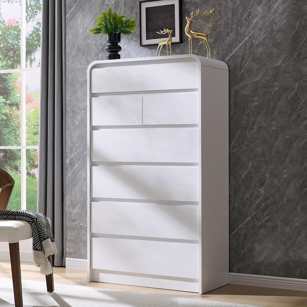 Aitjunz Modern 7 Drawers Dresser for Bedroom, 55' Tall Dressers & Chest of Drawers w/Curved Profile Design, Wood Mid Century Vertical Storage Dressers Organizer for Bedroom, Living Room, White