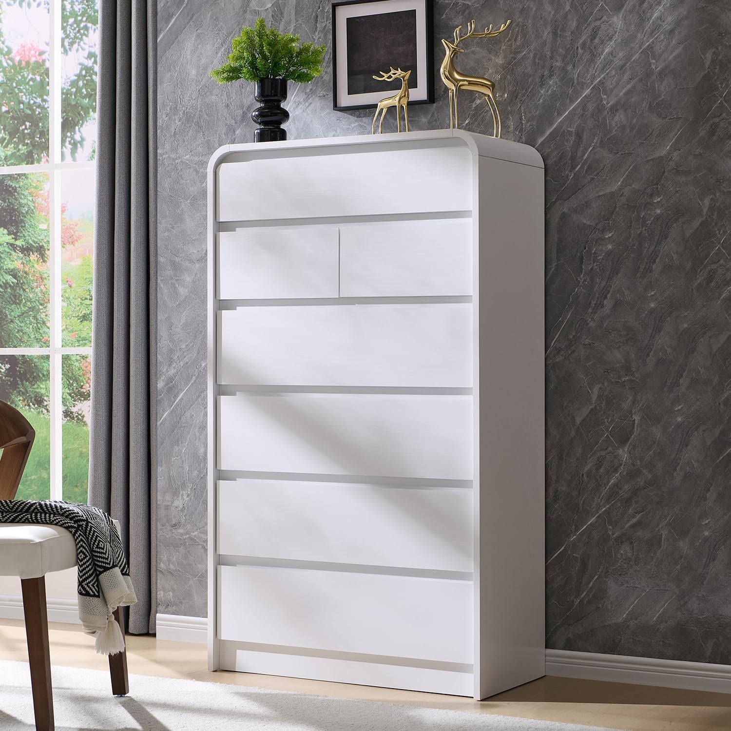 Aitjunz Modern 7 Drawers Dresser for Bedroom, 55' Tall Dressers & Chest of Drawers w/Curved Profile Design, Wood Mid Century Vertical Storage Dressers Organizer for Bedroom, Living Room, White