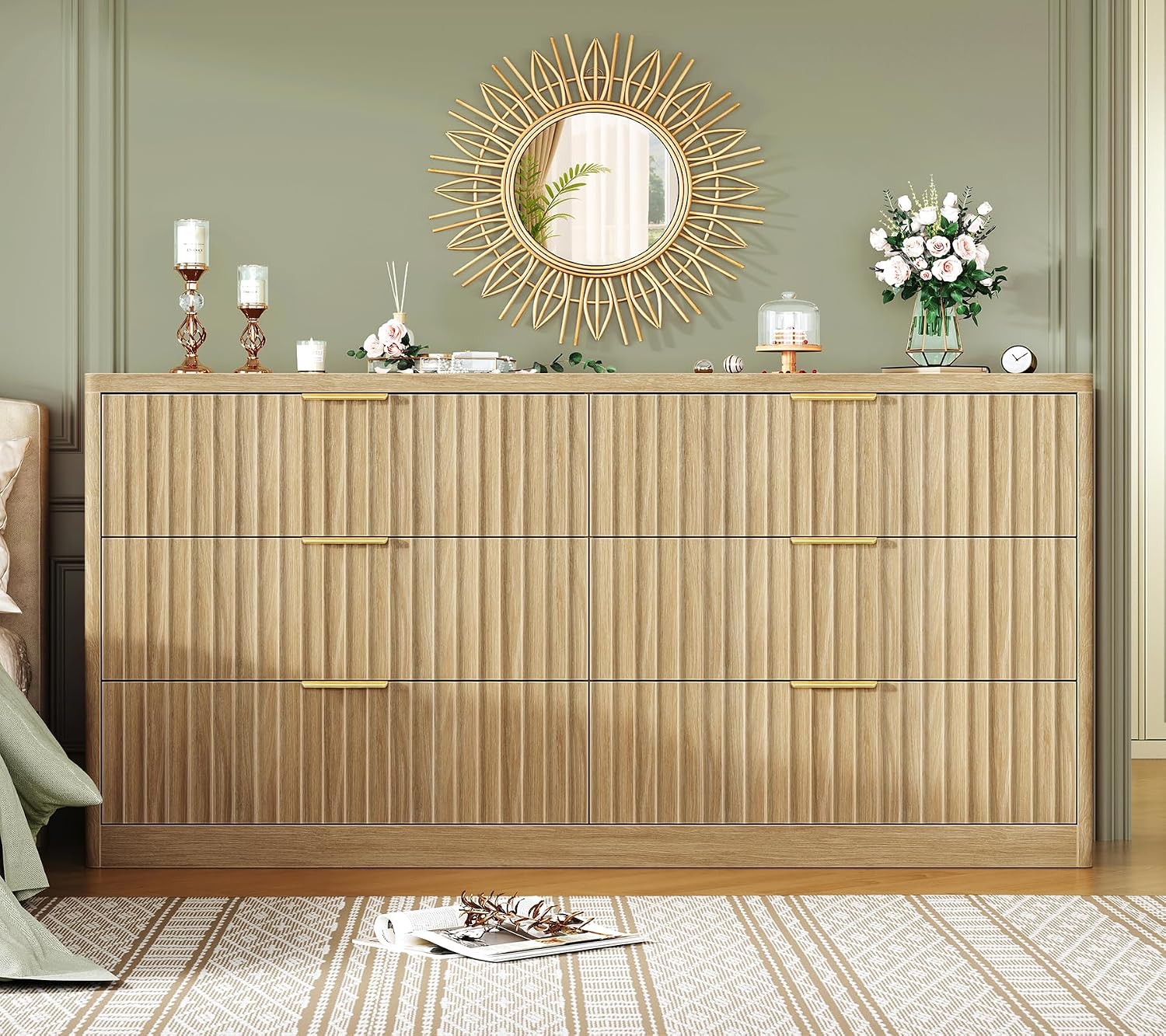 TEENFON 56.3'' Dresser for Bedroom with 6 Drawers, Dressers & Chest of Drawers with Curved Profile Design, 6 Drawer Dresser, Fluted Dressers, Wood Dressers for Bedroom, Living Room, Natural