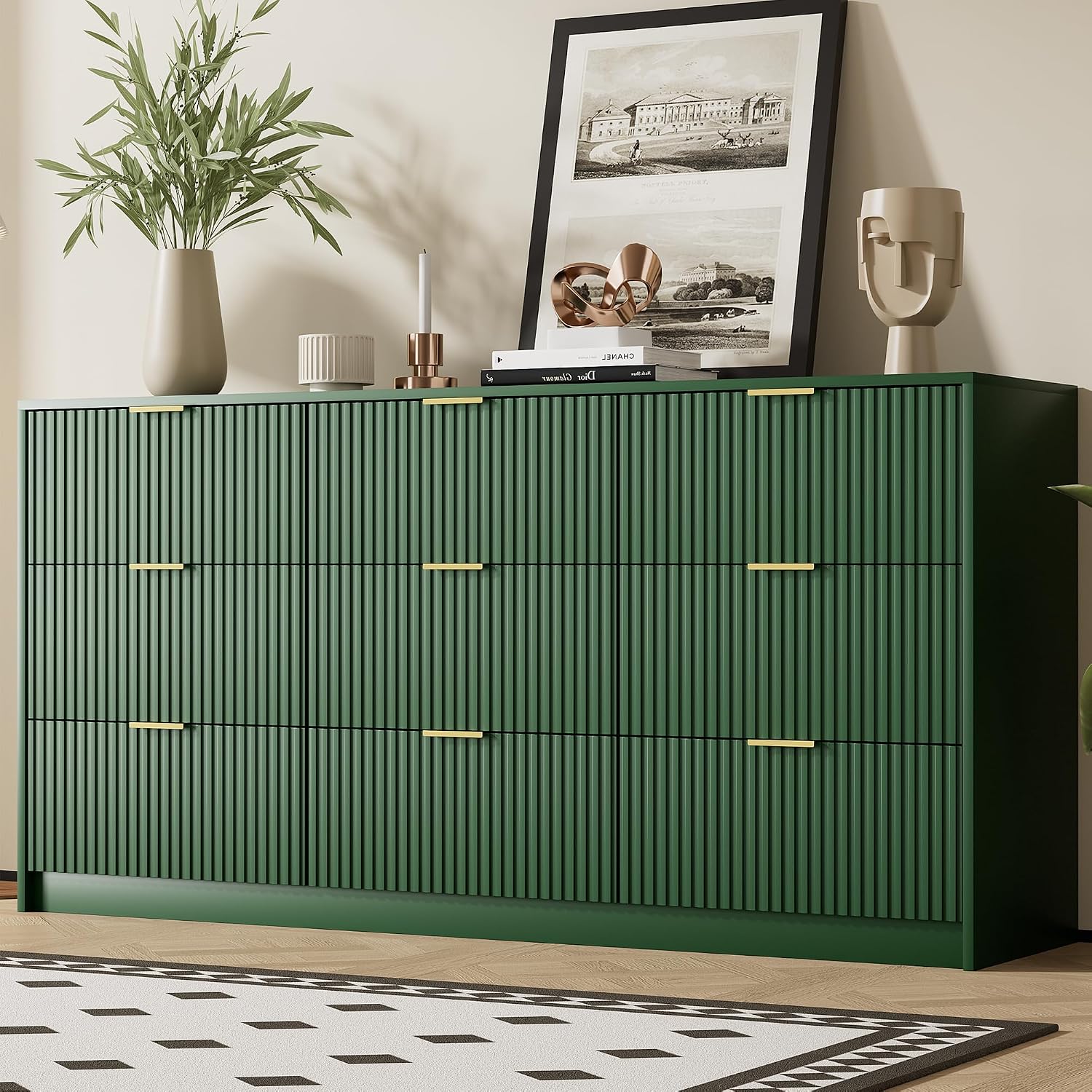 Furniway Green Dresser for Bedroom, Modern Dresser with 9 Drawers and Smooth Slides, Wide Chest of Drawers with Golden Handles for Bedroom, Living Room, Closet, 15.7' D x 63' W x 31.5' H