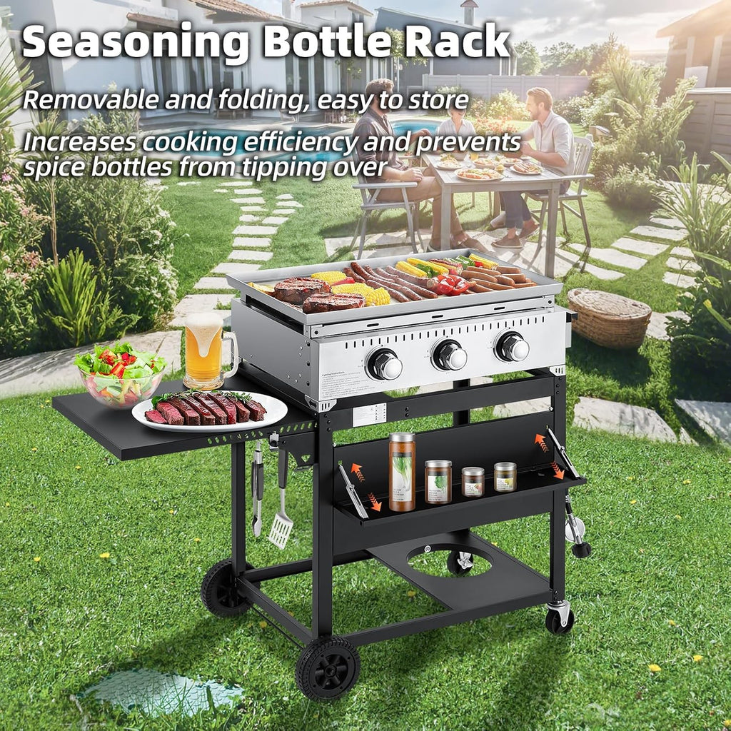 3 Burner 30000 BTU Outdoor Gas Griddle with Lid (Side Shelf), Portable Flat Top Griddle 28 Inch Heavy-Duty Cast Iron Grill, Bottle Rack & Grease Pan for Camping, Picnic, Patio