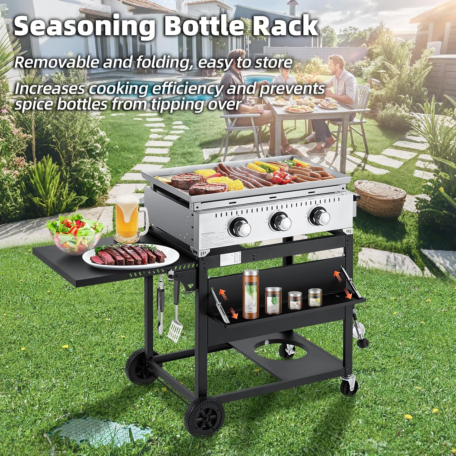 3 Burner 30000 BTU Outdoor Gas Griddle with Lid (Side Shelf), Portable Flat Top Griddle 28 Inch Heavy-Duty Cast Iron Grill, Bottle Rack & Grease Pan for Camping, Picnic, Patio