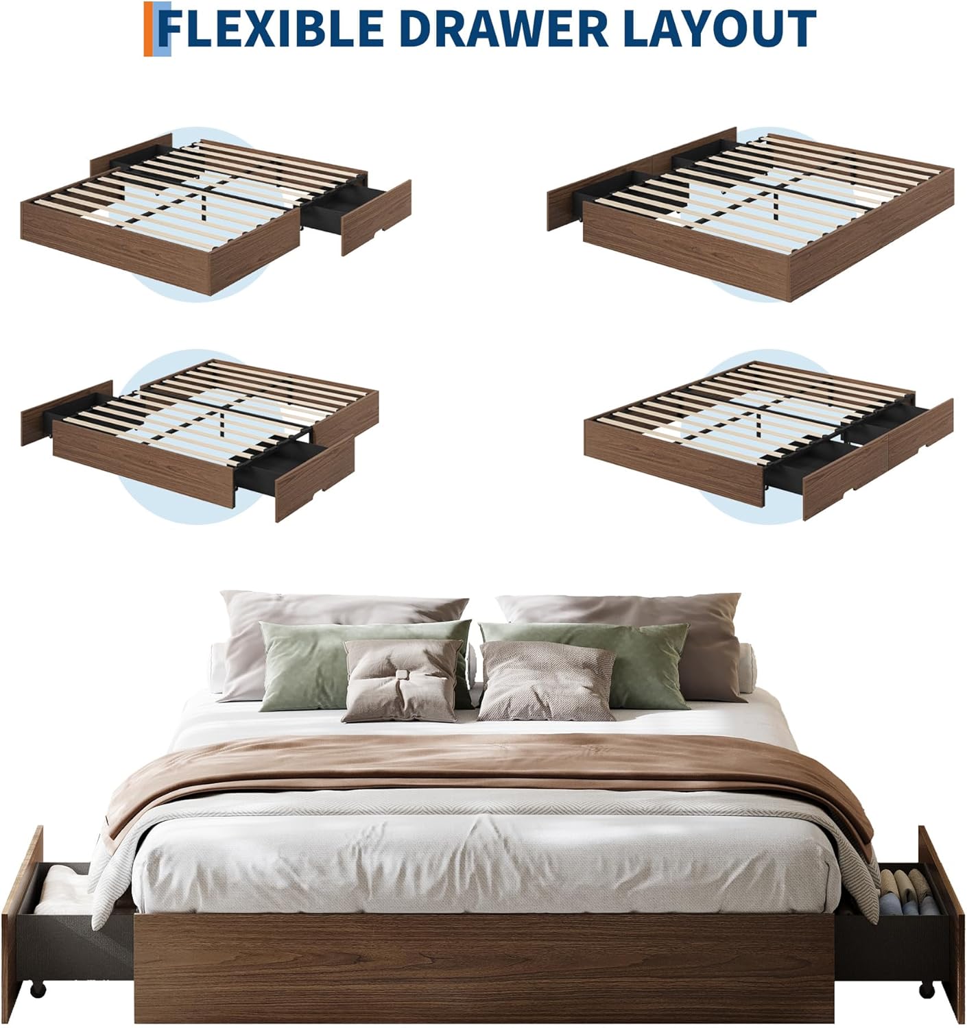 GarveeHome Full Size Wood Platform Bed Frame with 2 Storage Drawers, Wooden Bed Frame Without Headboard, Wood Slat Support, No Box Spring Needed, Easy Assembly