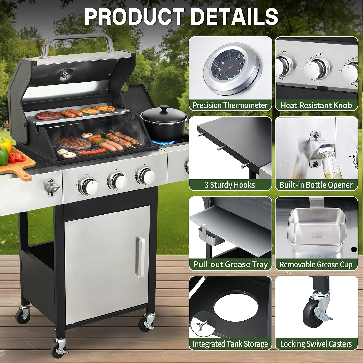 Gas Grill with Side Burner, 3-Burner Propane Grill with Porcelain-Enameled Cast Iron Grates and Double-Wall Insulated Lid, 39,000 BTU BBQ Grill with Wheels for Outdoor Cooking