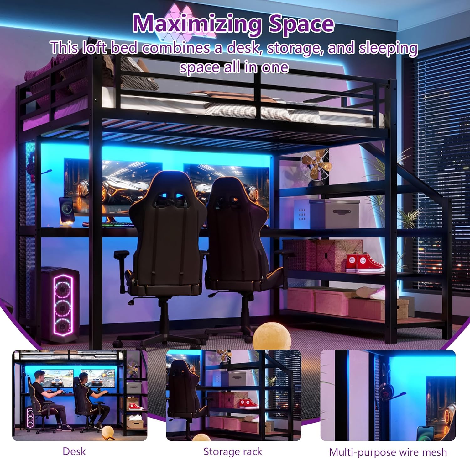 Bellemave Full Loft Bed with Desk & Storage Stairs, Metal Full Size Loft Bed Frame with Iron Nets, LED Lights & USB Ports, Heavy Duty Adult LoftBed for Bedroom, Noise-Free, Black
