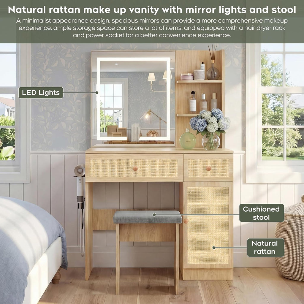 Yechen 35' Boho Makeup Vanity Desk with LED Lighted Mirror & Power Strip, Wooden Dressing Table Set with Rattan Drawers, Storage Shelves and Cushioned Stool for Bedroom, for Girls Women