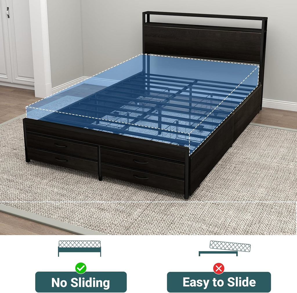 Zevemomo Queen Bed Frame with 8 Storage Drawers, Queen Metal Bed Frame with LED Light and Charging Station, Heavy Duty Metal Slats, No Box Spring Needed, Black