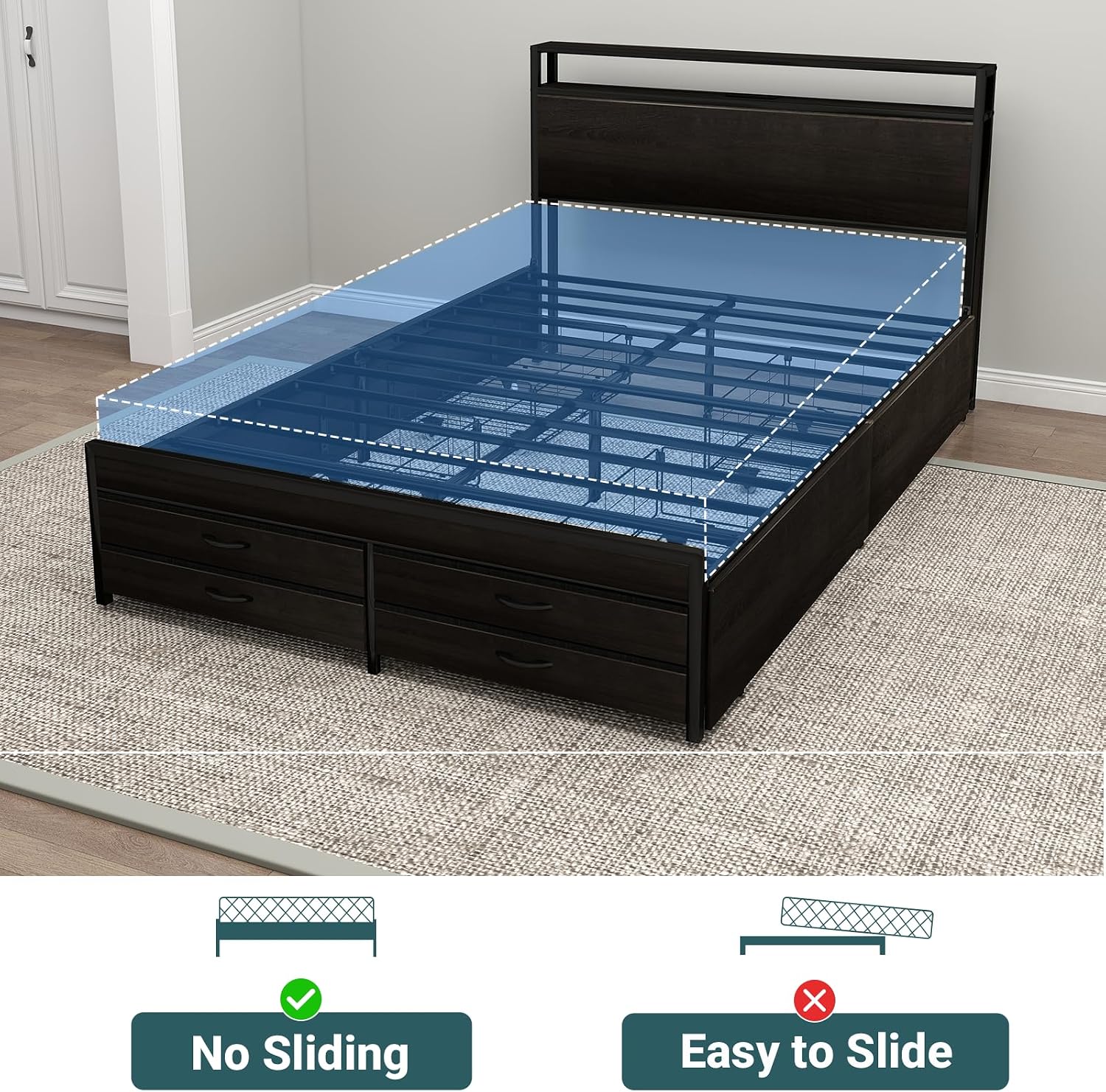 Zevemomo Queen Bed Frame with 8 Storage Drawers, Queen Metal Bed Frame with LED Light and Charging Station, Heavy Duty Metal Slats, No Box Spring Needed, Black