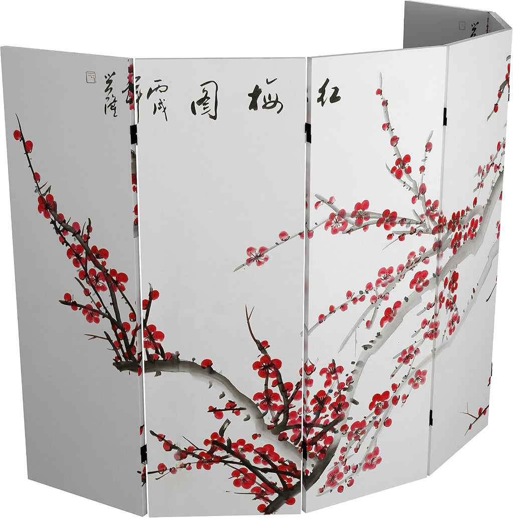 Red Lantern 4 ft. Short Double Sided Plum Blossom Canvas Folding Screen 6 Panel Freestanding Partition and Separator for Modern and Contemporary Bedroom, Home Office, Studio, Dorm, Apartment