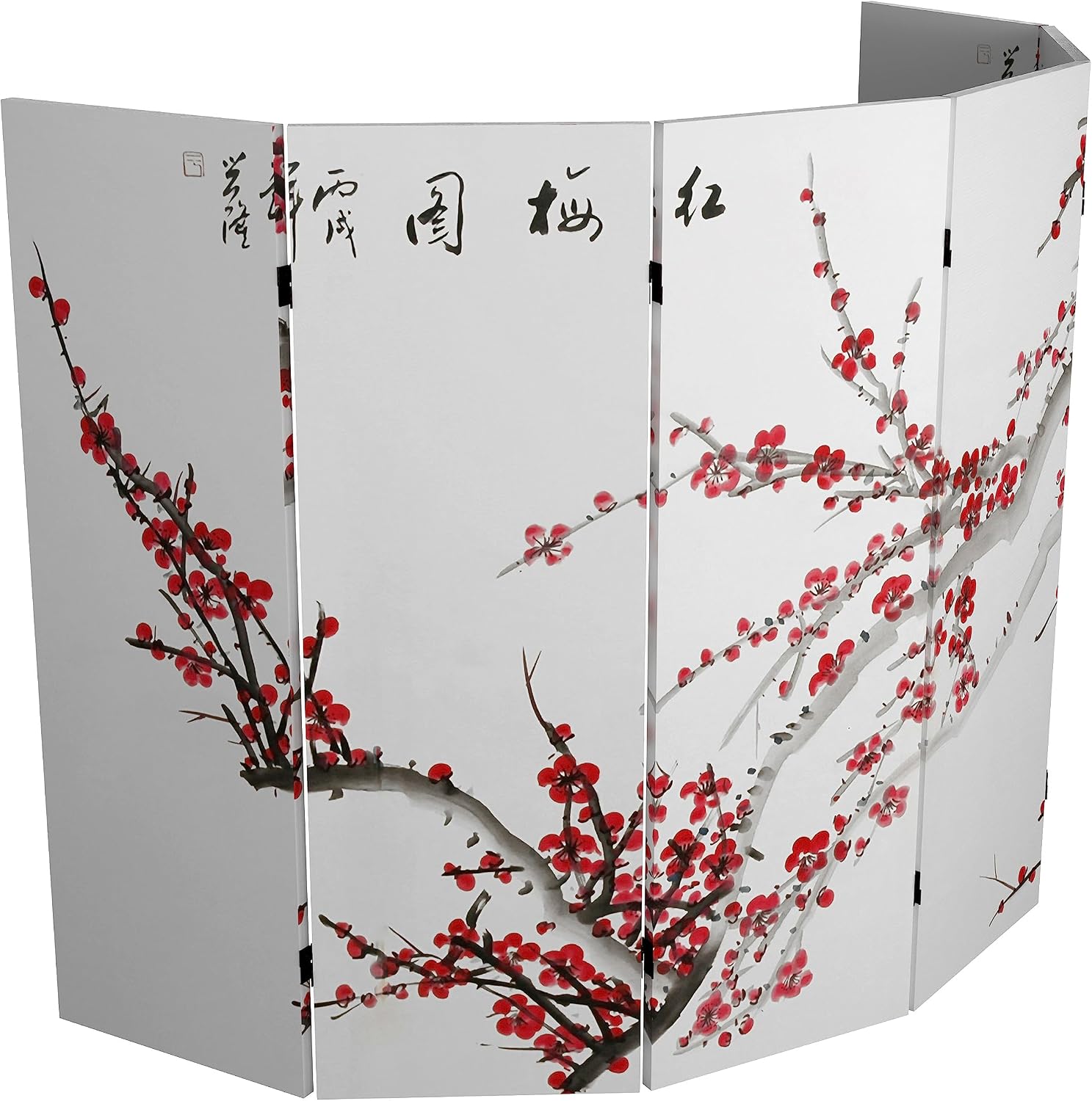 Red Lantern 4 ft. Short Double Sided Plum Blossom Canvas Folding Screen 6 Panel Freestanding Partition and Separator for Modern and Contemporary Bedroom, Home Office, Studio, Dorm, Apartment