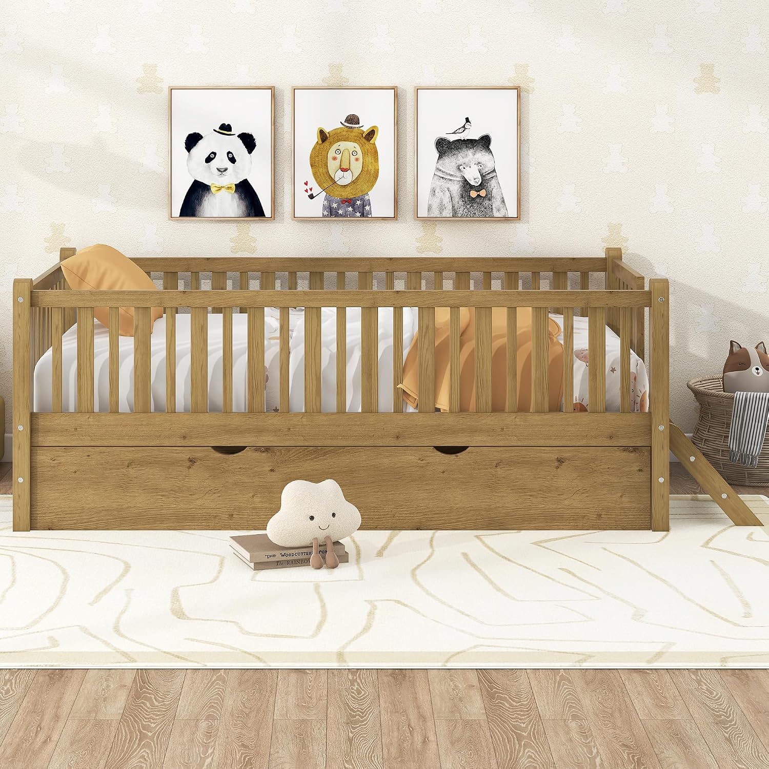 VilroCaz Twin Size Platform Bed with Guardrail and Trundle, Wood Kids Platform Bed Frame with Two-Step Ladder for Boys Girls, Sturdy Slats Support (Walnut-1.26T)