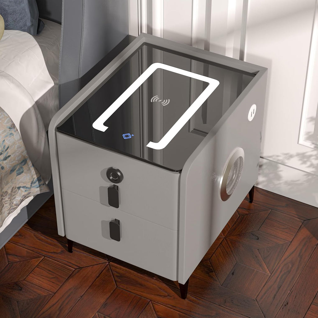 Grey Night Stand with Wireless Charging Station, Nightstand with 2 Drawers, Smart Bedside Table with 3 Lighting and Bluetooth Speaker, Modern LED Lighted Nightstand for Bedroom