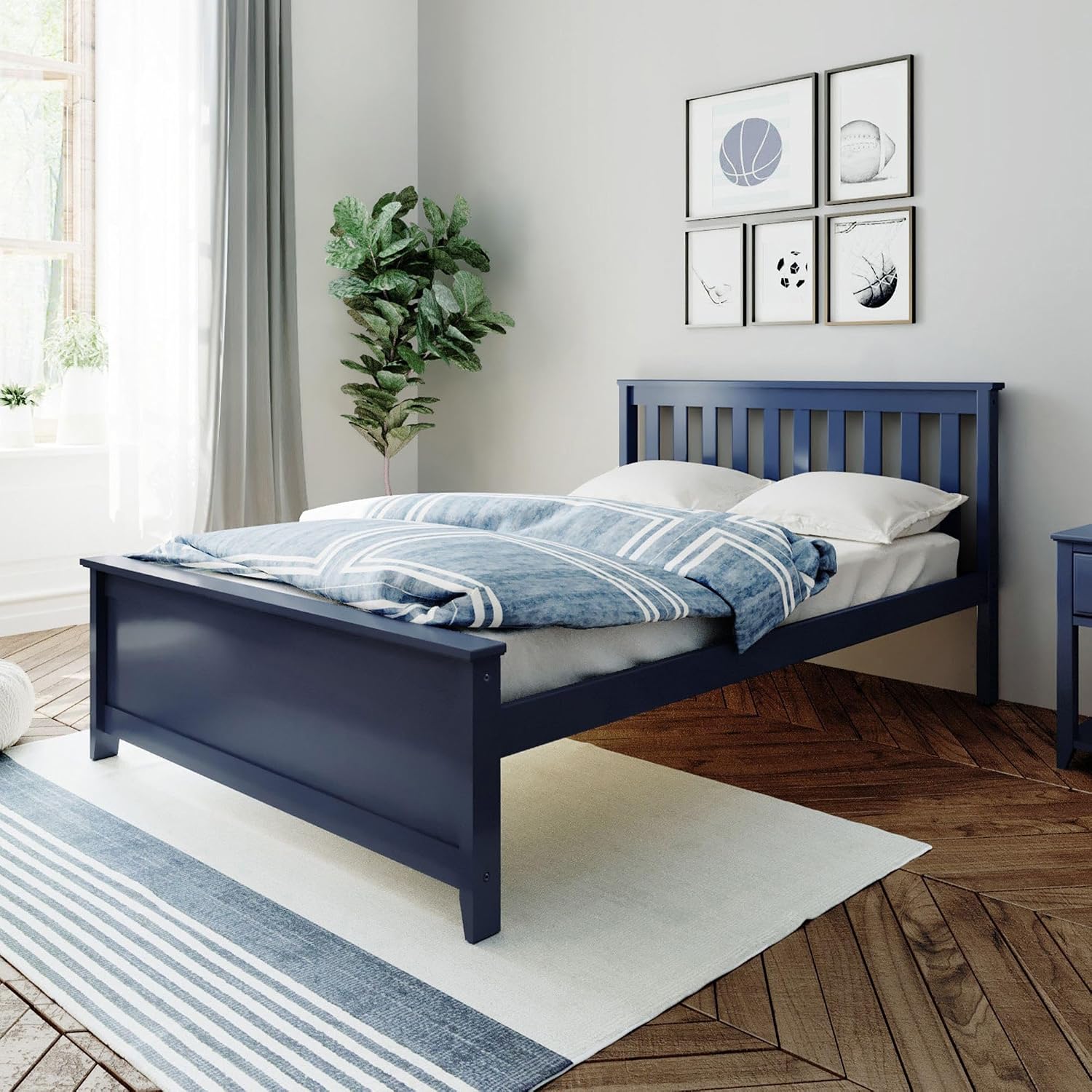 Max & Lily Full Size Bed Frame with Slatted Headboard, Solid Wood Platform Bed for Kids, No Box Spring Needed, Easy Assembly, Blue