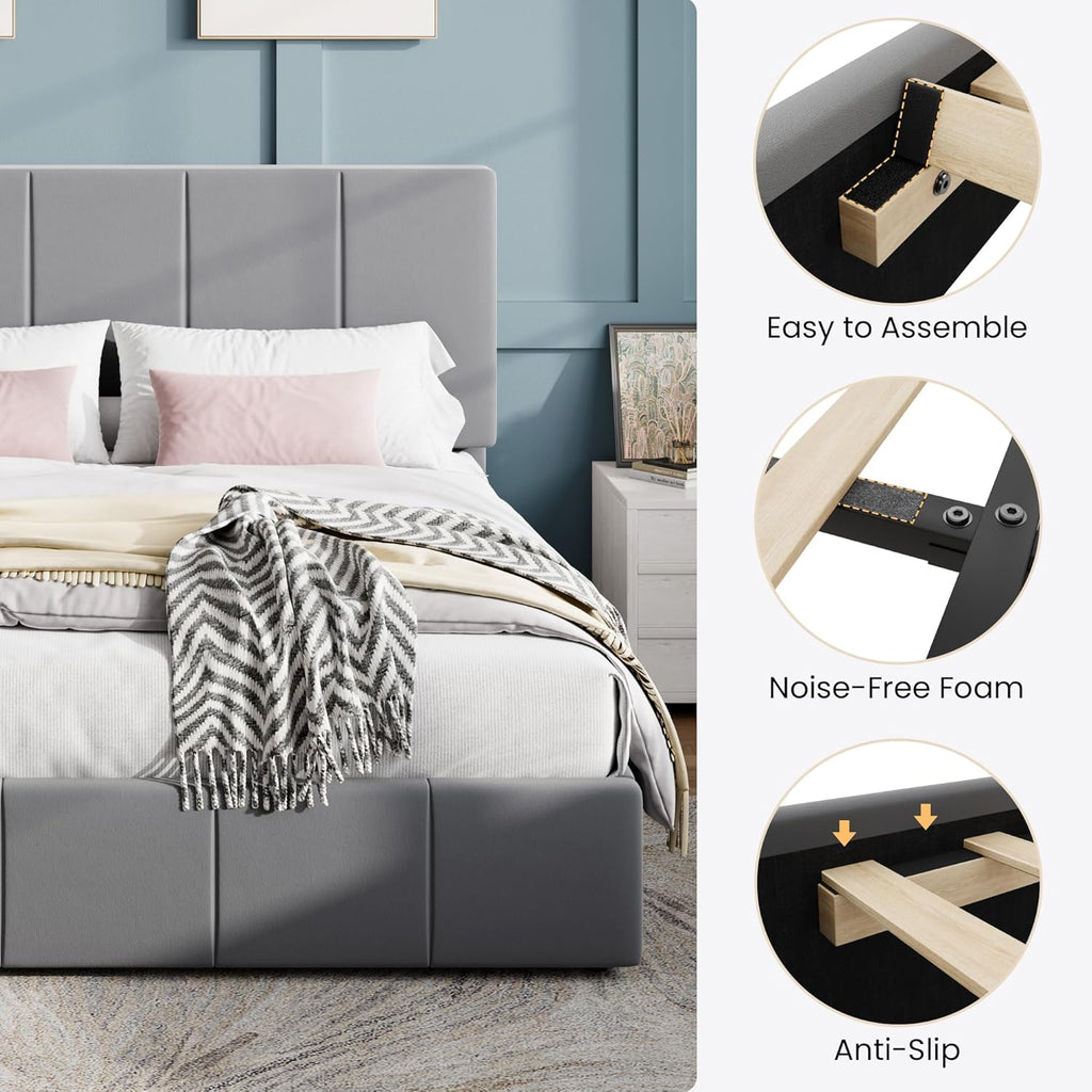 SHA CERLIN Full Size Bed Frame, Velvet Upholstered Platform Bed, Vertical Channel Tufted Adjustable Headboard, Low Profile Bed Frame, No Box Spring Needed, Easy Assembly, Grey