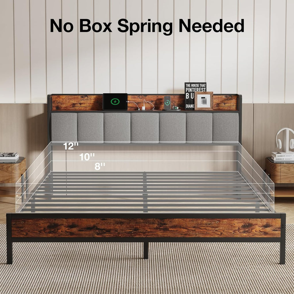 Novilla King Size Bed Frame with Charging Station USB/Type-C & Storage Headboard, Modern Metal Platform Bed Frame, Easy Assembly, Heavy Duty Slats Support, Noise Free, No Box Spring Needed