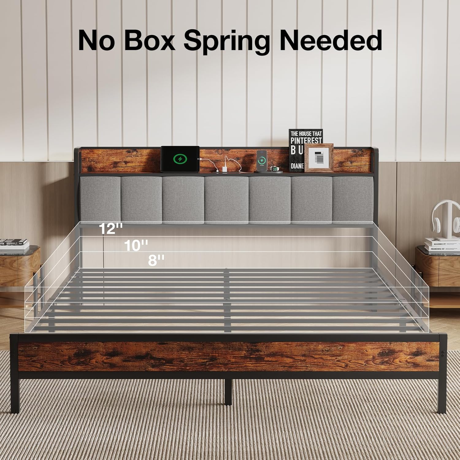 Novilla King Size Bed Frame with Charging Station USB/Type-C & Storage Headboard, Modern Metal Platform Bed Frame, Easy Assembly, Heavy Duty Slats Support, Noise Free, No Box Spring Needed