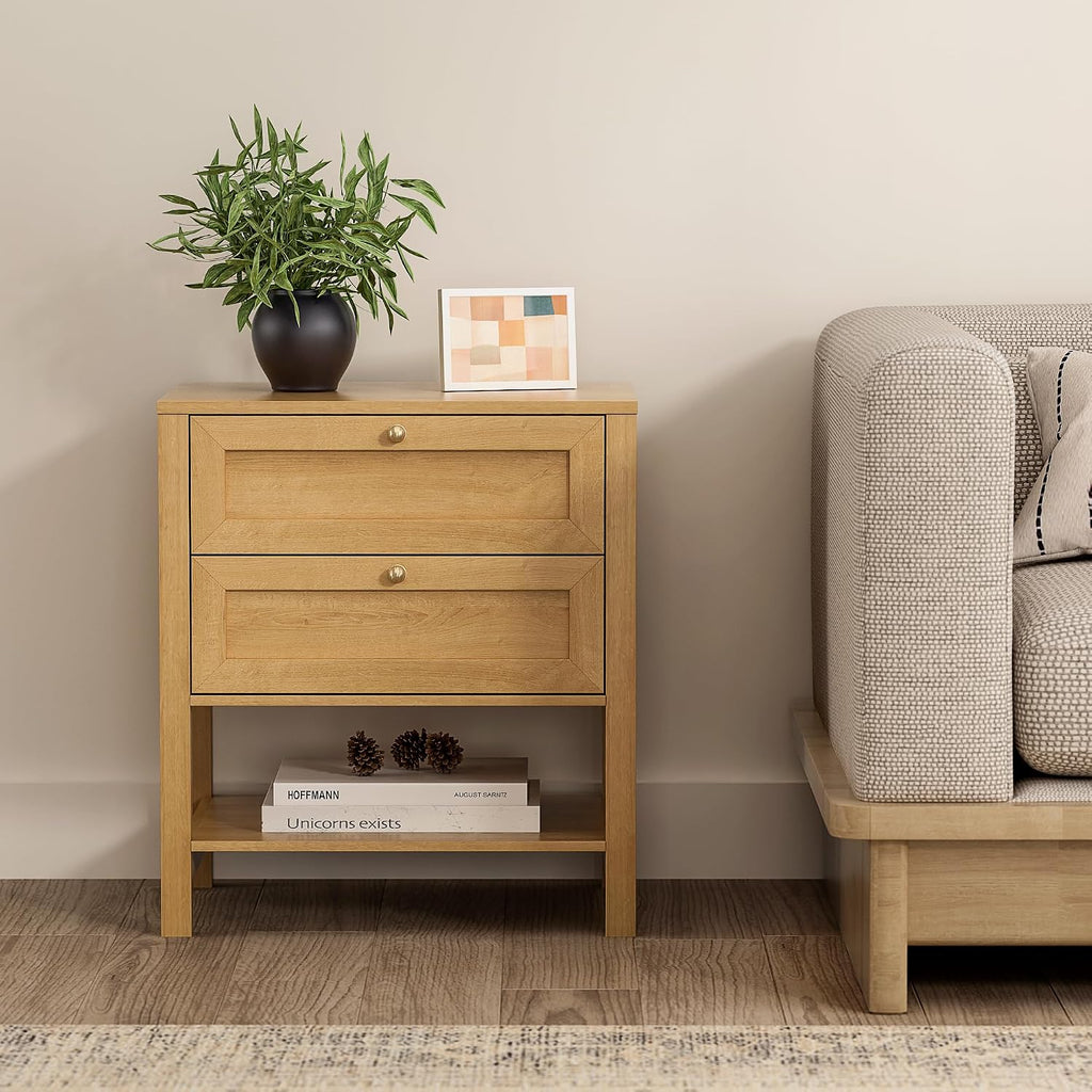EYYTHUNG Modern Nightstand with Drawers, Large Farmhouse Wood Bedside Table with Open Shelf, 22' Wide Tall End Table for Sofa, Bedroom, Natural Oak