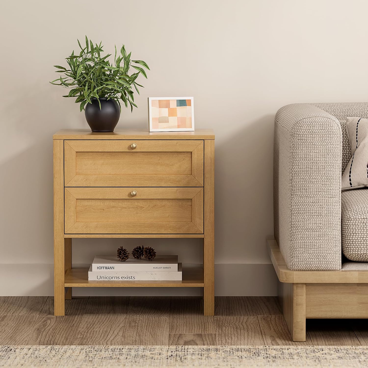 EYYTHUNG Modern Nightstand with Drawers, Large Farmhouse Wood Bedside Table with Open Shelf, 22' Wide Tall End Table for Sofa, Bedroom, Natural Oak