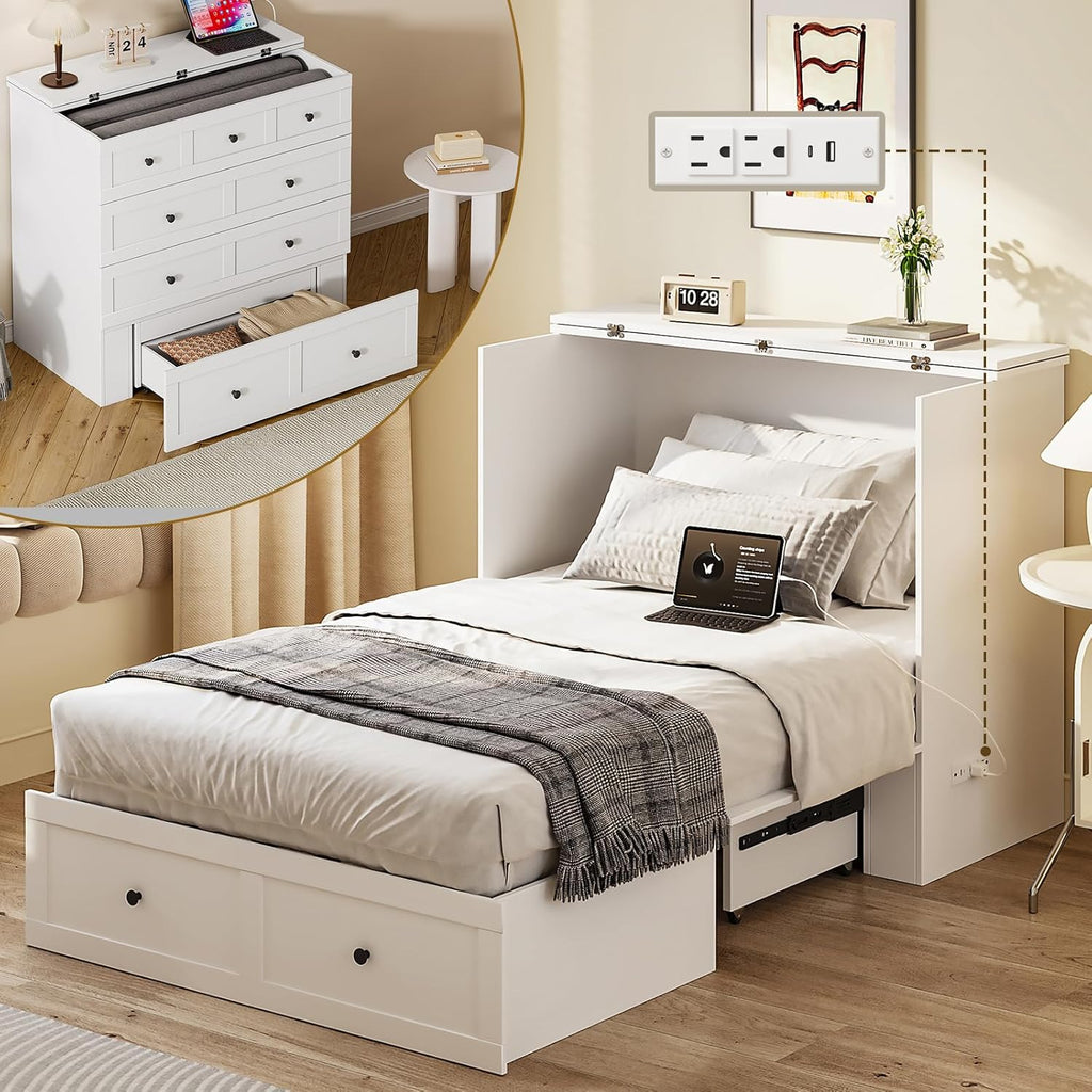 LIVAUVEAD Twin Murphy Bed with Built-in Charging Station, Space-Saving Murphy Bed Chest Twin with Drawer, Foldable, for Home Office Guest Room Bedroom White