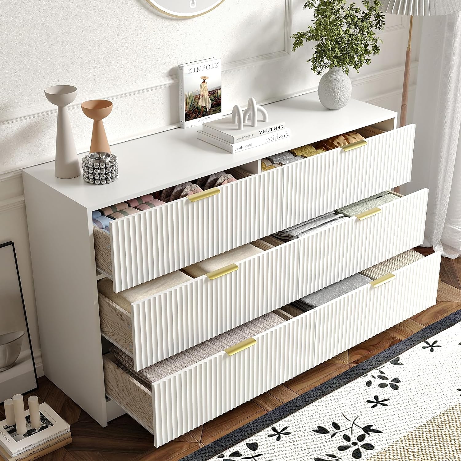 6 Drawer Dresser and Nightstand Sets for Bedroom, 3 Pcs Bedroom Set, Night Stand Set of 2 & 6 Drawer Dresser with Gold Handles, Modern Wood Chest of Drawers Storage Cabinet Set, White
