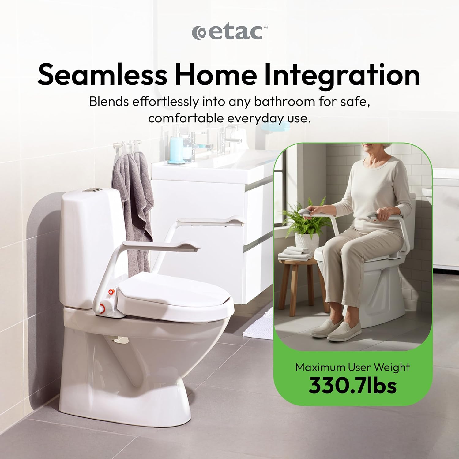Etac Hi-Loo Fixed Toilet Seat Raiser – Stable & Comfortable Raised Toilet Seat with Foldable Arm Support, Fixed Mounting, Ergonomic Design, Fits Most Toilets – 10 cm (3.94 in) Height