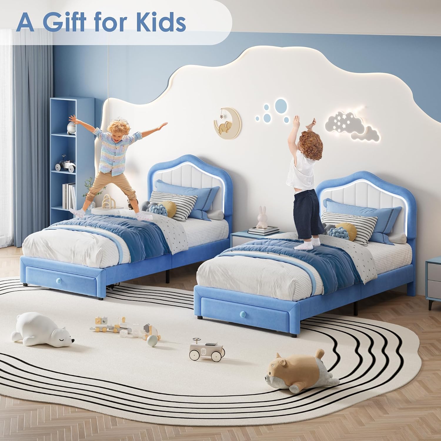 GarveeHome Upholstered Twin Bed Frame with Led Lights and Storage Drawer, Cute Velvet Led Bed Frame with Headboard for Kids, Girls, Boys, No Box Spring Needed, Wooden Slats, Noise Free, Blue