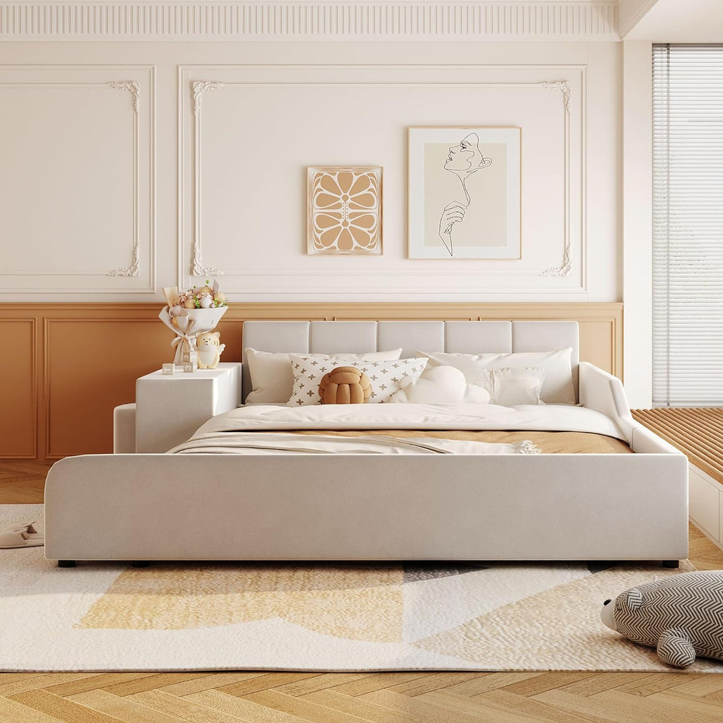 Merax Queens Size Velvet Bed Frames Upholstered Grounded Bed, Wooden Mother & Child Bed with Bedside Desk and Little Round Stool,Kids Adults Bedroom Floor Platform Bed,Beige