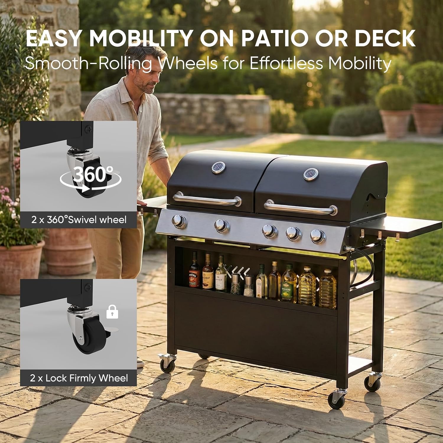 Belord 2-in-1 Grill Griddle Combo, 5 Burner Flat Top Griddle & Grill with 40000 BTU Output, Propane Gas Grill with Enameled Cast Iron Grate & Cast Iron Pan for Outdoor Kitchen, Backyard Barbecue