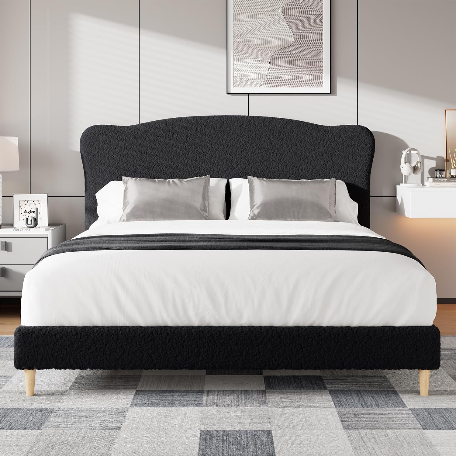 GarveeHome Queen Size Bed Frame with Upholstered Headboard, Soft Low Profile Sturdy Platform Bed with Rounded Corners Design, Heavy Duty, Wooden Slats, Noise Free, No Box Spring Needed, Black