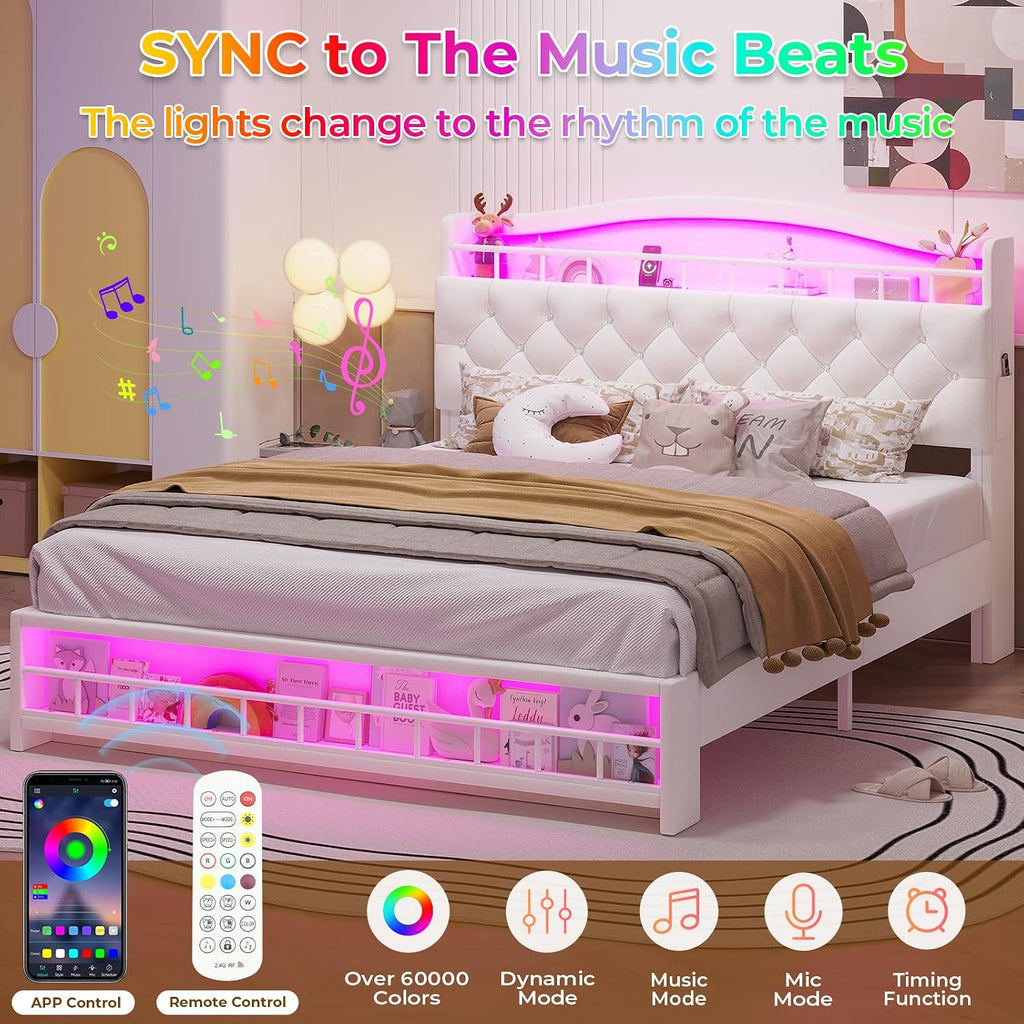 HAUOMS Full Bed Frame with LED Lights, Princess Velvet Upholstered Platform Bed for Girls, Headboard with Charging Station & Guardrail & Crystal Button, No Box Spring Needed, Beige