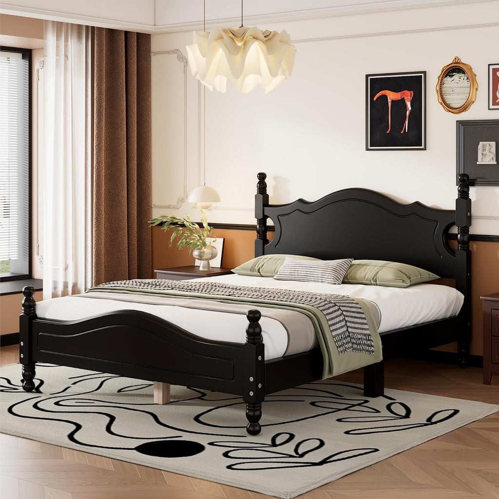 Flieks Full Size Wood Platform Bed Frame for Boys Girls Kids Toddler,Retro Style Platform Bed with Wooden Slat Support,Black