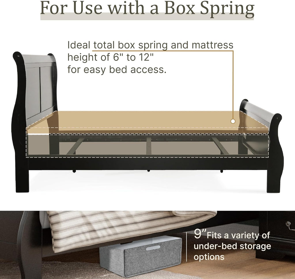 Furniture of America Louis Philippe Traditional Wood Bed Frame with Headboard and Footboard, Elegant Sleigh Design Bedframe for Bedroom, Guest Room, Easy Assembly, Box Spring Required, Queen, Black