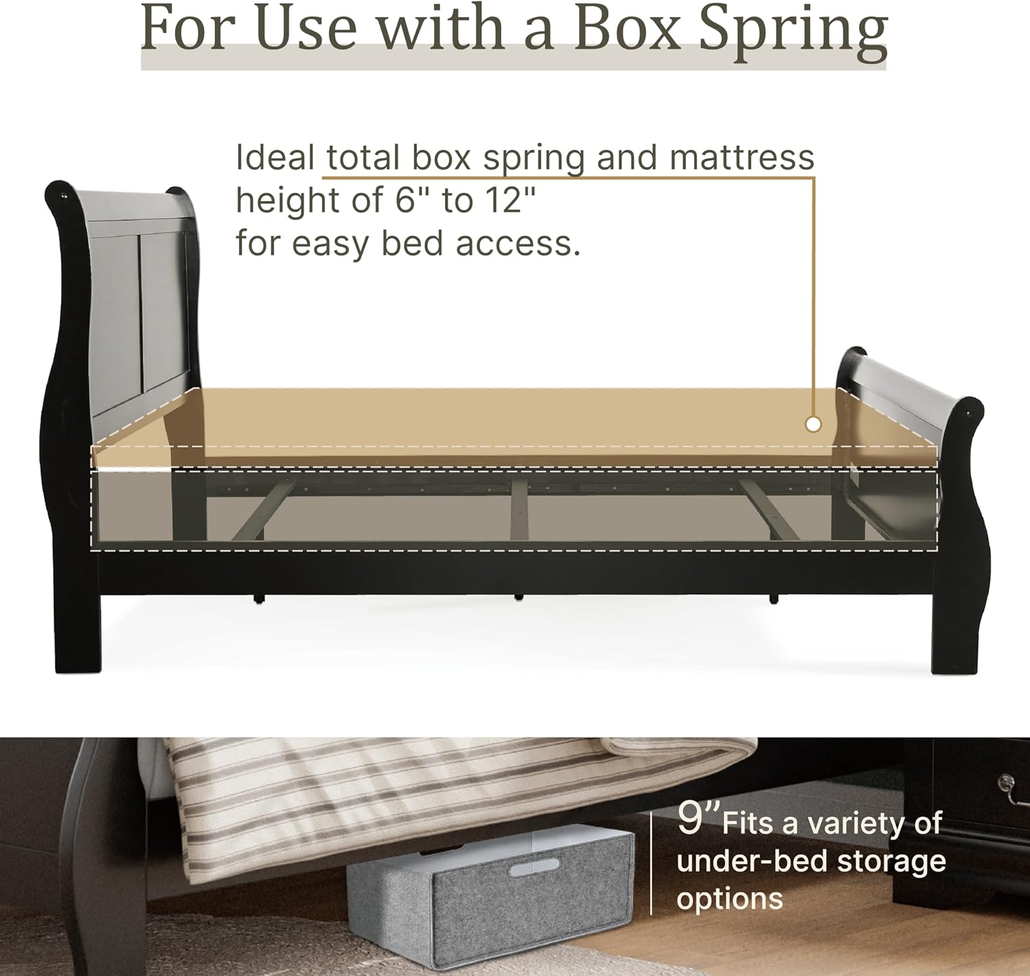 Furniture of America Louis Philippe Traditional Wood Bed Frame with Headboard and Footboard, Elegant Sleigh Design Bedframe for Bedroom, Guest Room, Easy Assembly, Box Spring Required, Queen, Black