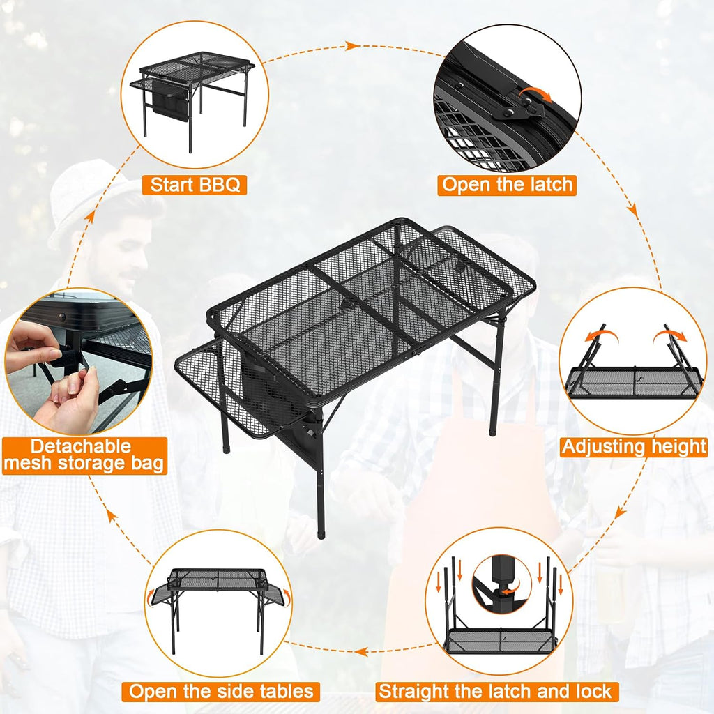 Portable Folding Picnic Table with Carry Handle, Outdoor Grill Camping Table with Mesh Bag, Side Tables, with Metal Grid Desktop Adjustable Height Folding Table, for Ninja Blackstone Flat Top Griddle