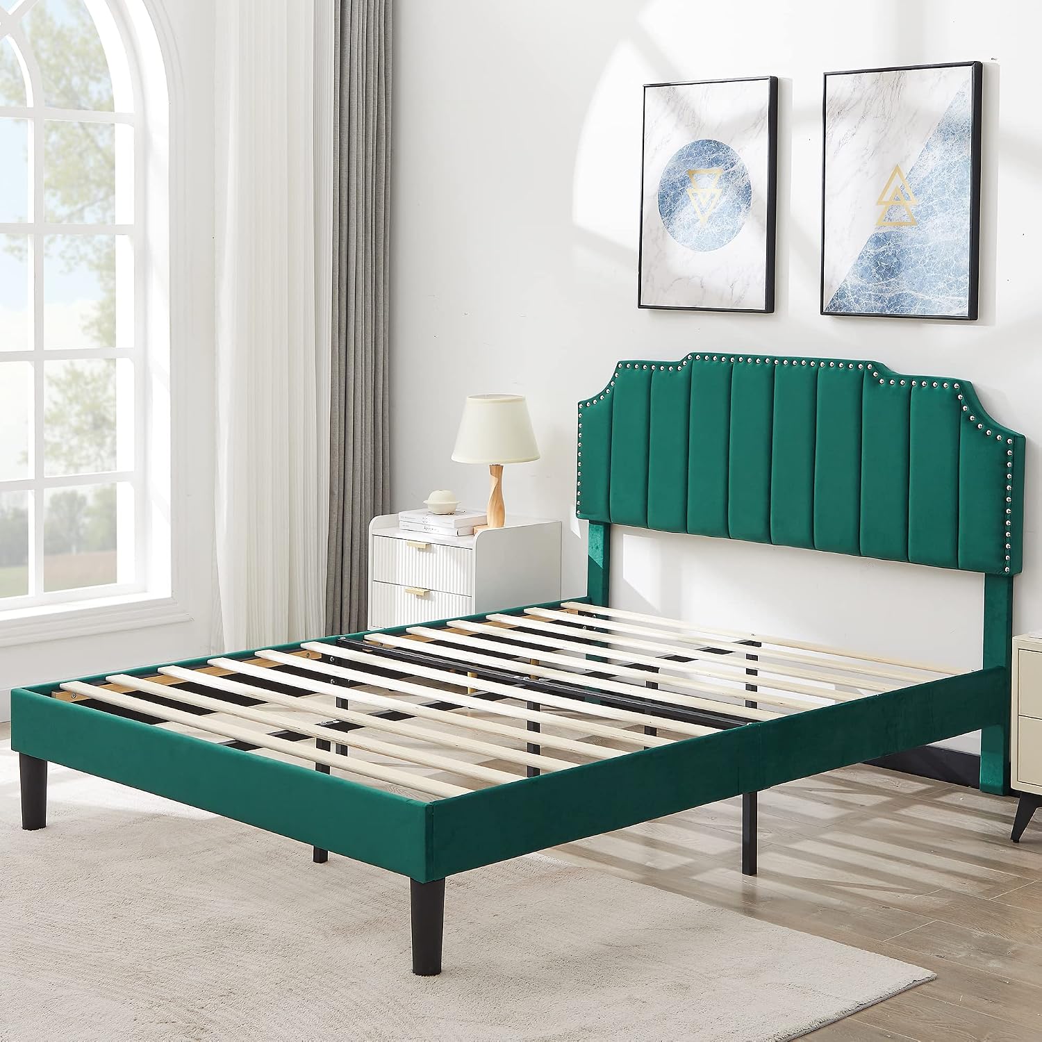 VECELO Upholstered Platform Full Bed Frame with Tufted Adjustable Headboard/Mattress Foundation/Wood Slat Support,Easy Assembly,Dark Green