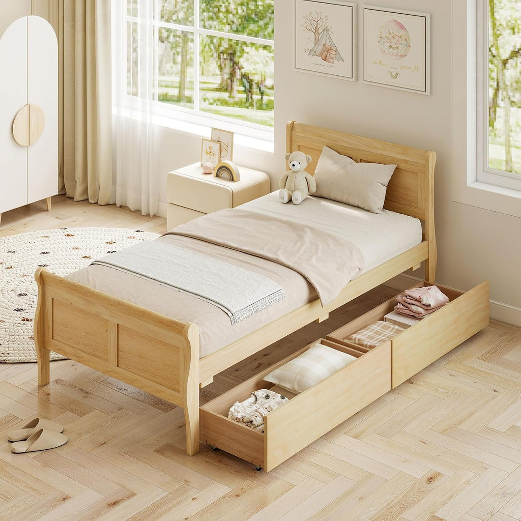 KOMFOTT Twin Bed with 2 Drawers, Twin Storage Bed with Headboard & Footboard, Sleigh Wood Bed Frame with Wooden Slats Support for Kids, Teens, Adults, No Box Spring Needed (Natural)