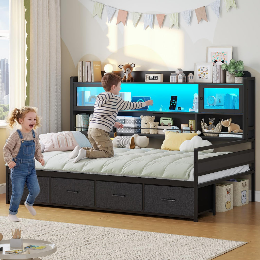 BTHFST Twin Daybed with 4 Storage Drawers & 3-Tier Bookshelf, Day Bed with RGB LED Lights & Charging Station, Corner Bed Frame with Storage Headboard for Bedroom, Living Room, Guest Room, Black
